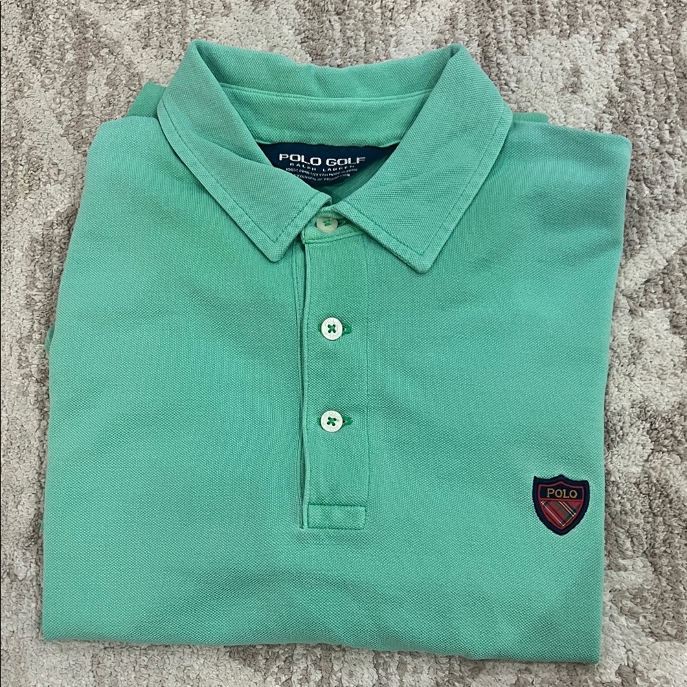 Polo Golf Mint Green Pique Polo Shirt with golf logo on sleeve.